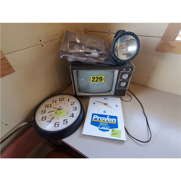 2 CLOCKS, TV, FLASHLIGHT, OFFICE MISC