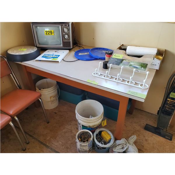 WOOD TABLE, 2 CHAIRS, 2 STOOLS