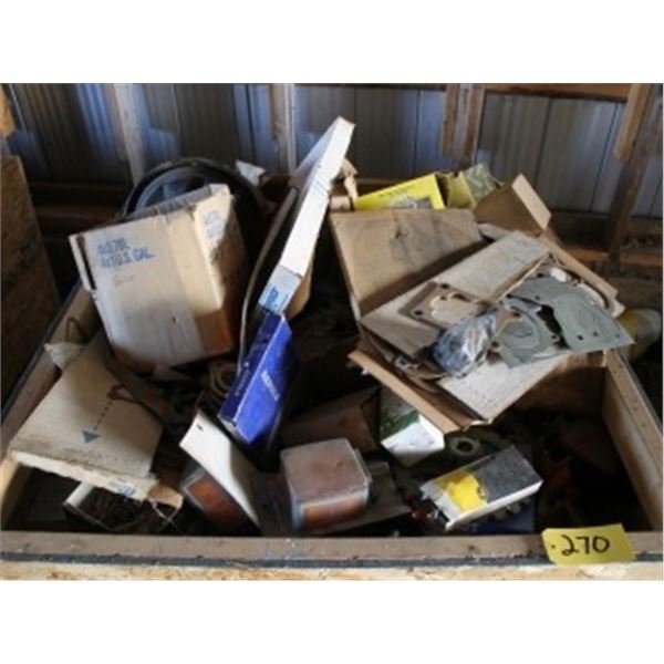 CRATE OF MISC AUTO PARTS, LIGHTS, GASKETS