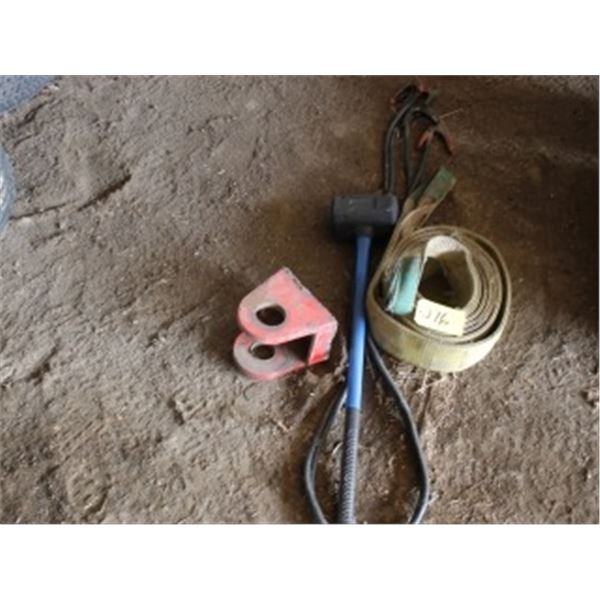 BOOSTER CABLES, SLEDGE HAMMER, TOW SLING