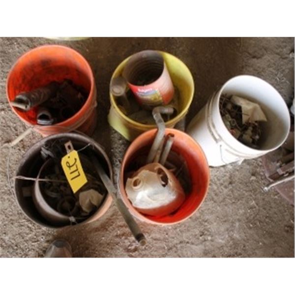 APPROX 5 PAILS OF SCRAP STEEL, PILE OF SCRAP STEEL, BARB WIRE ROLLS