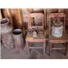Image 1 : 2 WOODEN CHAIRS, 2 CREAM CANS, 1 METAL GAS CAN, ANTIQUE TRAP, 2 PITCH FORK HEADS
