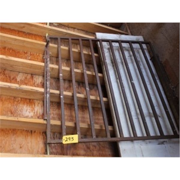 STEEL GATE, APPROX 8' FLAT IRON, BARREL OF SCRAP METAL, TIN, FERTILIZER