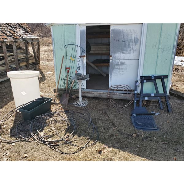 COPPER TUBING, 2 SAW HORSES, GARDEN DECOR, PLANTERS, CAR FLOOR MATS, RAIN BASIN,