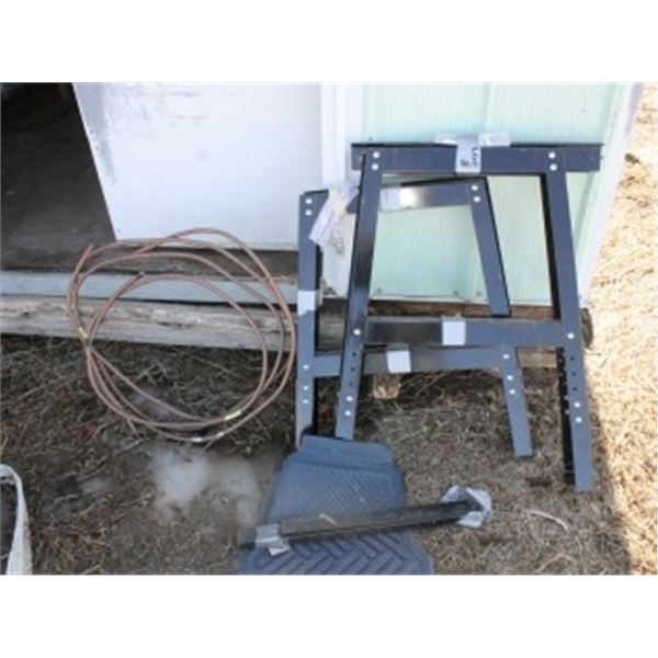 STEEL SAW HORSE, PLATE OF STEEL, ROLL OF WIRE LOCATED IN HOG BARN