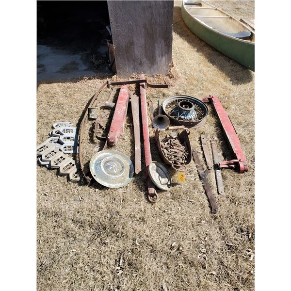 OLD BUMPER, RIM, HUB CAPS, EVENERS, SLEIGH POLES, BUNK
