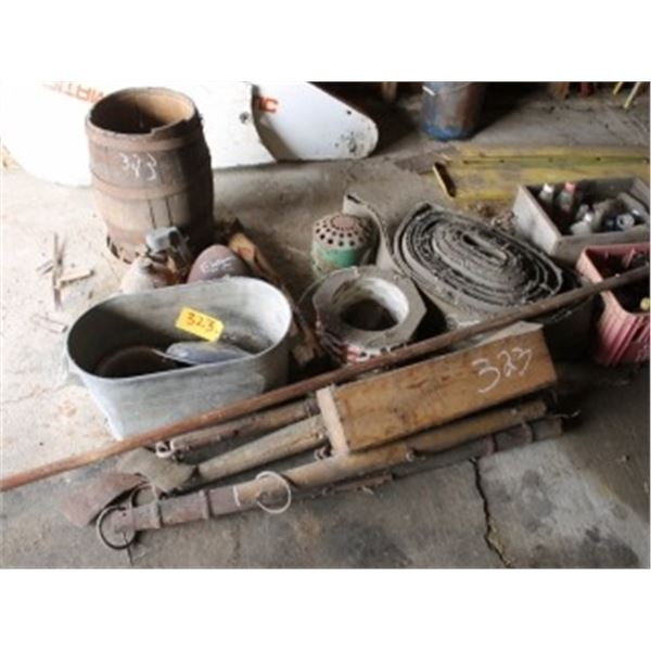 OLD BARREL, DOUBLE HEADED AXE HEAD, OLD HEADLIGHT, DRIVE BELT