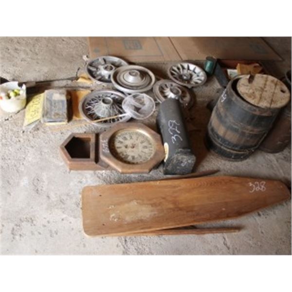 CREAM CAN, HUB CAPS, SMALL WOOD BARREL, ESSO CAN, GOLF BALLS, SUITCASE W/CHRISTMAS CARDS, WOOD IRONI