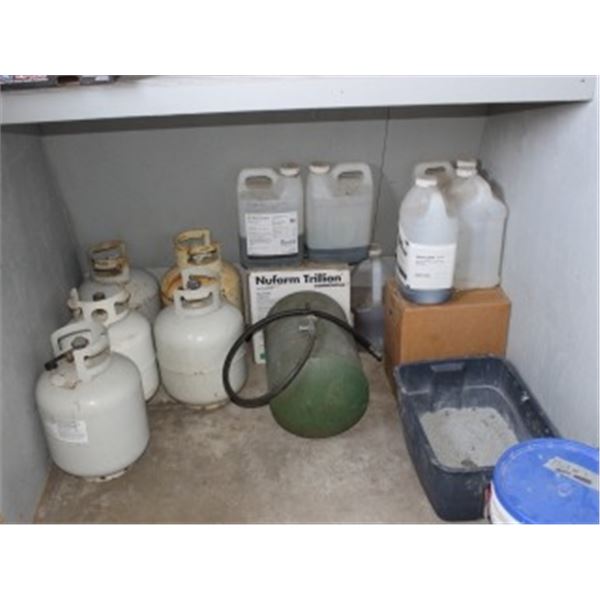 QUANTITY OF CHEMICALS & SMALL PROPANE TANKS BY THE MAND DOOR