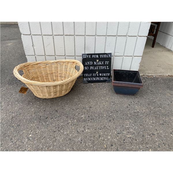 Basket, planter pots and wall hanging