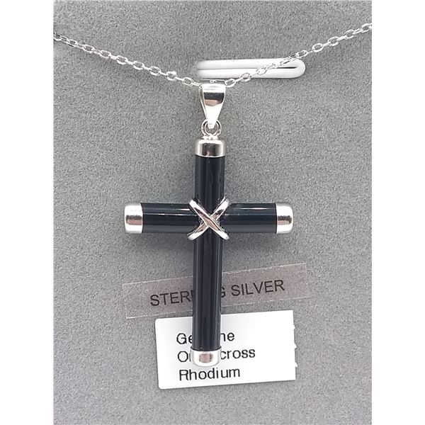 SS black onyx cross pendant with SS chain with certificate