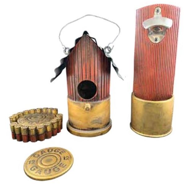 SHOTGUN SHELL BOTTLE OPENER, COASTERS AND BIRDHOUSE