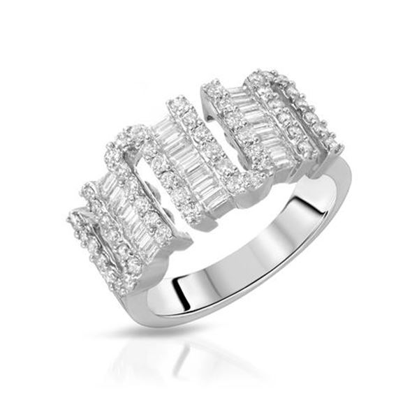 Natural 1 CTW Diamond & Baguette Ring 14K White Gold - REF-143R3K