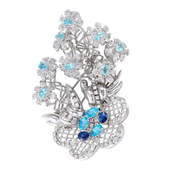 Natural 6.19 CTW Sapphire & Diamond Brooch 18K White Gold - REF-430X2T