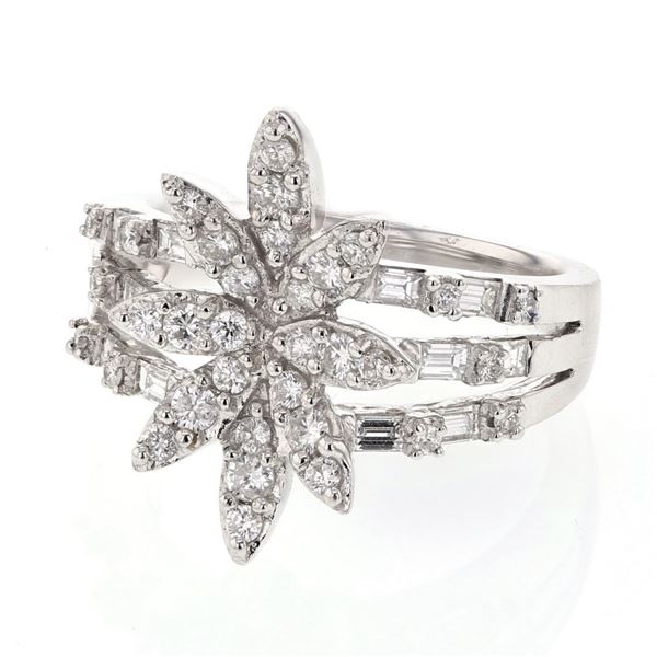 Natural 0.99 CTW Diamond & Baguette Ring 18K White Gold - REF-161K3R
