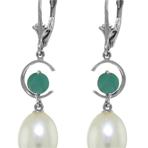 Genuine 9 ctw Pearl & Emerald Earrings 14KT White Gold - REF-39X4M
