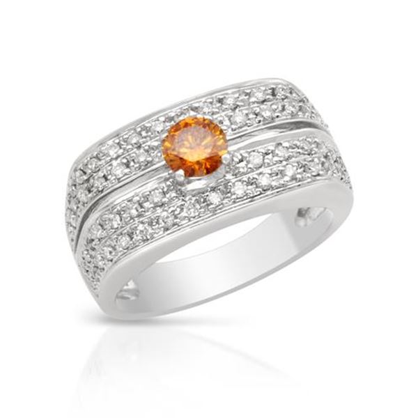 Natural 0.74 CTW Diamond & Yellow Round Diamond Ring 18K White Gold - REF-144N9Y