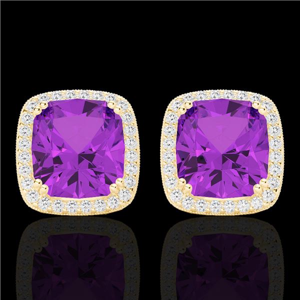 6 ctw Amethyst & Micro Pave VS/SI Diamond Halo Earrings 18k Yellow Gold - REF-77K3Y