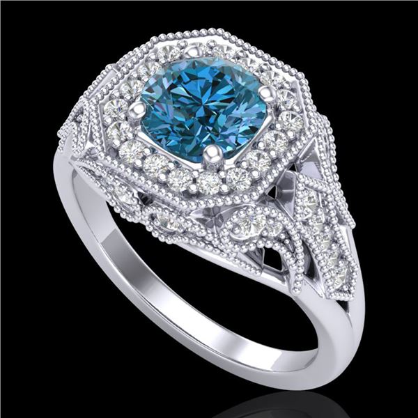 1.75 ctw Fancy Intense Blue Diamond Art Deco Ring 18k White Gold - REF-236A4N