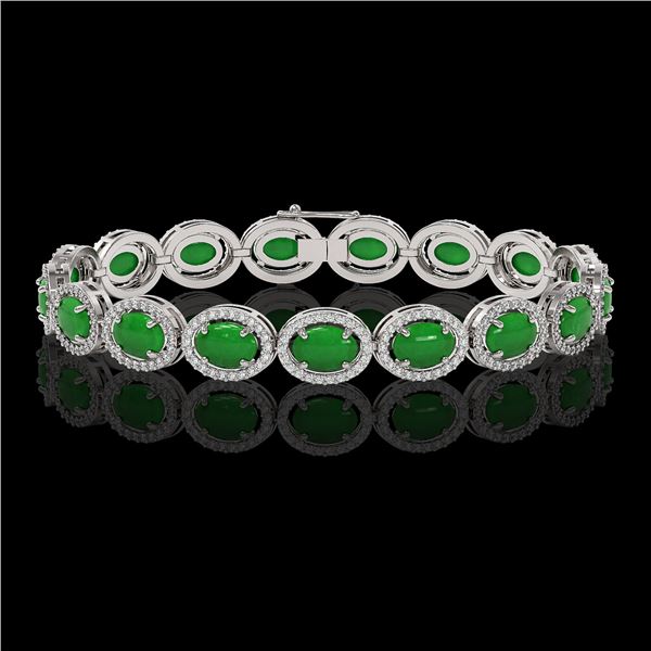 21.78 ctw Jade & Diamond Micro Pave Halo Bracelet 10k White Gold - REF-250W9H