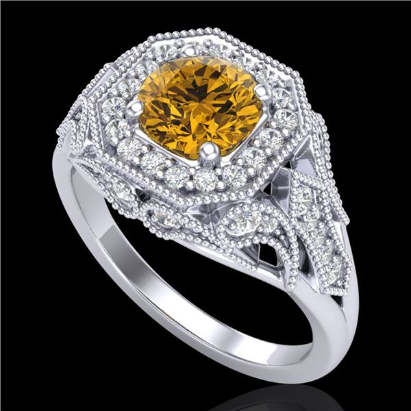 1.75 ctw Intense Fancy Yellow Diamond Art Deco Ring 18k White Gold - REF-318W2H