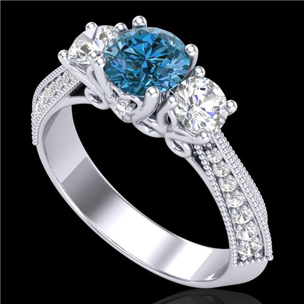 1.81 ctw Intense Blue Diamond Art Deco 3 Stone Ring 18k White Gold - REF-236K4Y