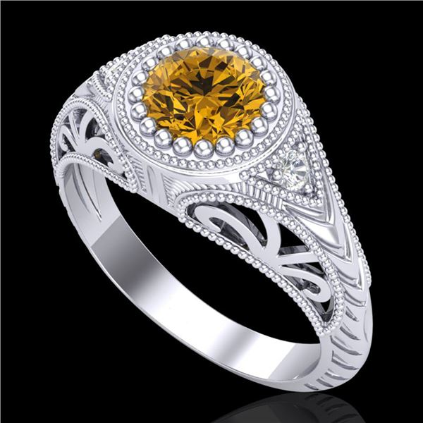 1.07 ctw Intense Fancy Yellow Diamond Art Deco Ring 18k White Gold - REF-200M2G