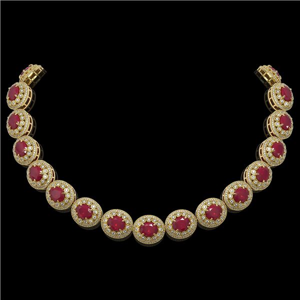 111.75 ctw Certified Ruby & Diamond Victorian Necklace 14K Yellow Gold - REF-3015H5R