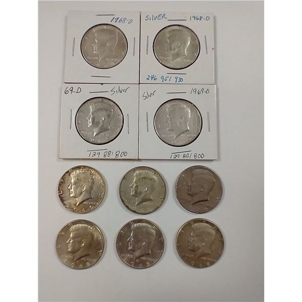 Kennedy Half Dollars (7) 1968, (3) 1969