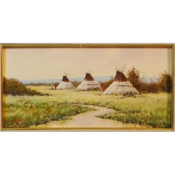 DeMott, John, oil on board, Summer Camp Teepees, 6" x 12"