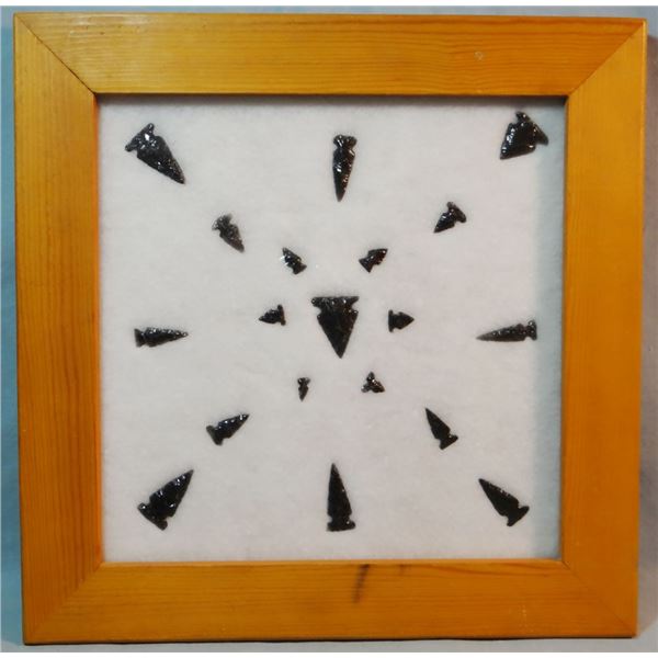 Obsidian points in frame, 19 pcs. 1/2" - 1 1/2"