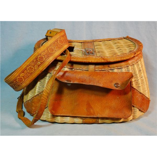 Fancy wicker fishing creel, front pocket, shoulder strap