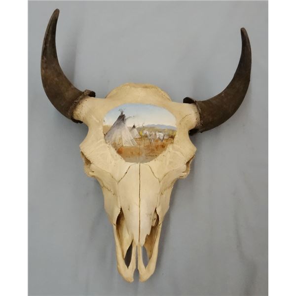 Elmer Schock painting on buffalo bull skull, 1973