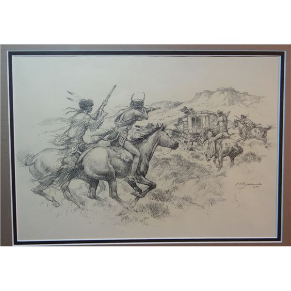 L. F. Bjorkland original drawing, Stage Coach Attack, 1972, 10" x 14"