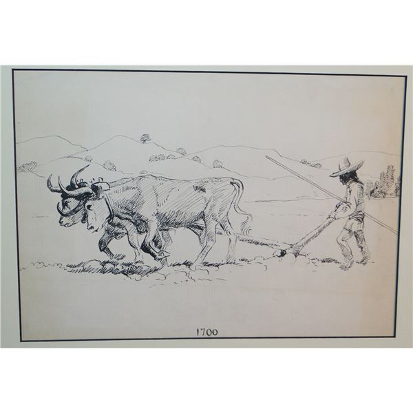 2 Will James original drawings, (1892-1942) Plowing Sod, 1700 & Plowing Sod,1800, both 8" x 12"