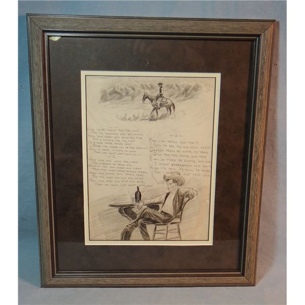 2 Will James original drawings, (1892-1942) 3 Verse Poem, 12  x 9  and self portrait, unsigned, 9  x