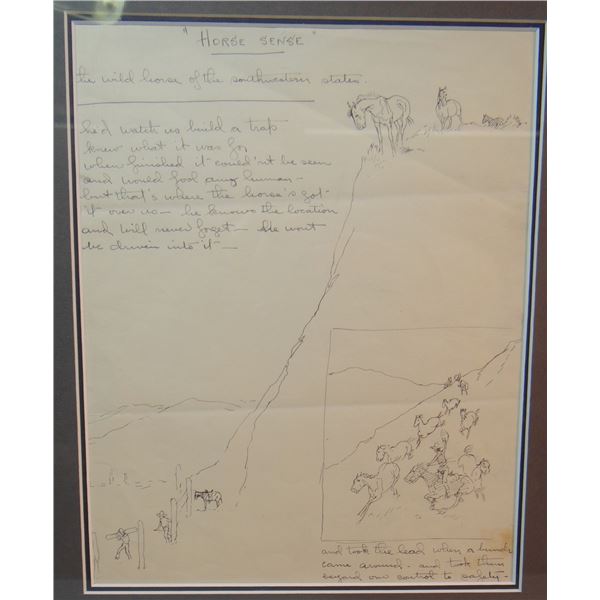 2 Will James original drawings,(1892-1942) Horse Sense, 10" x 8" and Trail Traps, 9" x 7"