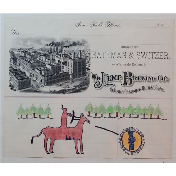 Indian ledger art, on Bateman & Switzer ledger, 8" x 9 1/2"