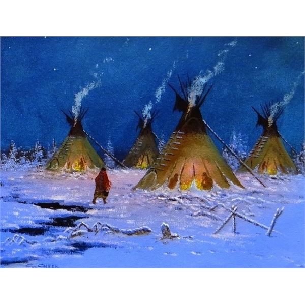 Cheek, C. R. (1937-2019) oil, Carrying Water in Winter Camp, 11" x 14"