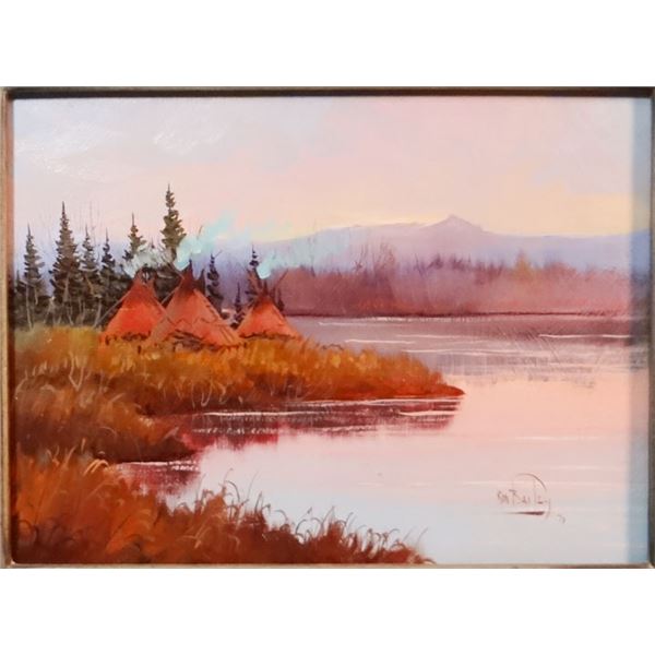 Bailey, Ron, (1943-1984) River Encampment, oil on board, 9" x 12"