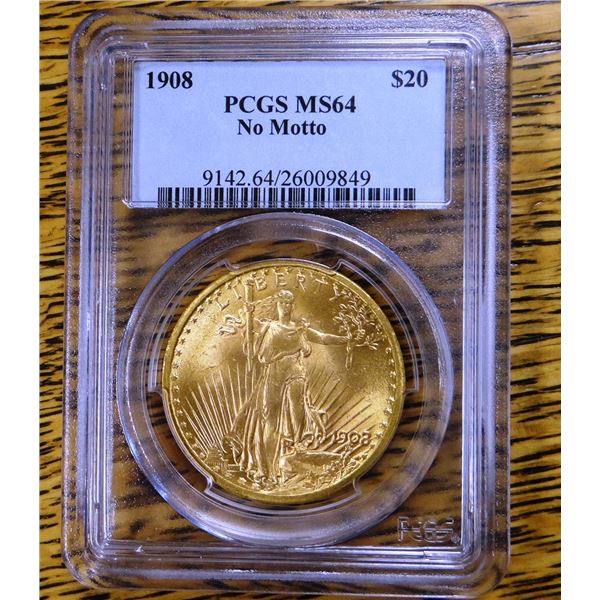 1908 Gold $20 St. Gaudens, No Motto, PCGS MS 64 Est. $2150 - $2500