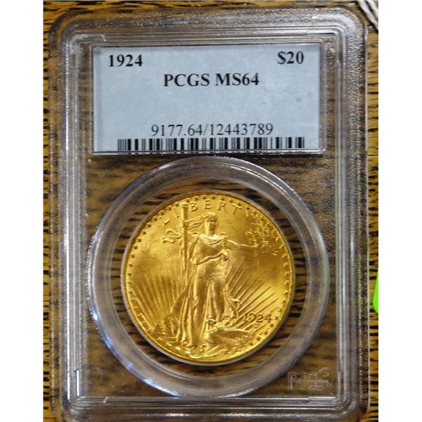 1924 Gold $20 St. Gaudens, PCGS MS 64 Est. $2100 - $2300
