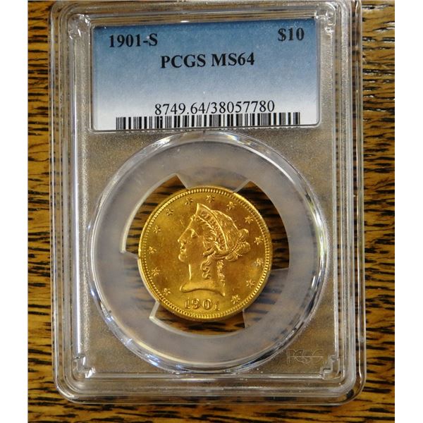 1901-S Gold $10 Liberty, PCGS MS 64 Est. $1800 - 2000