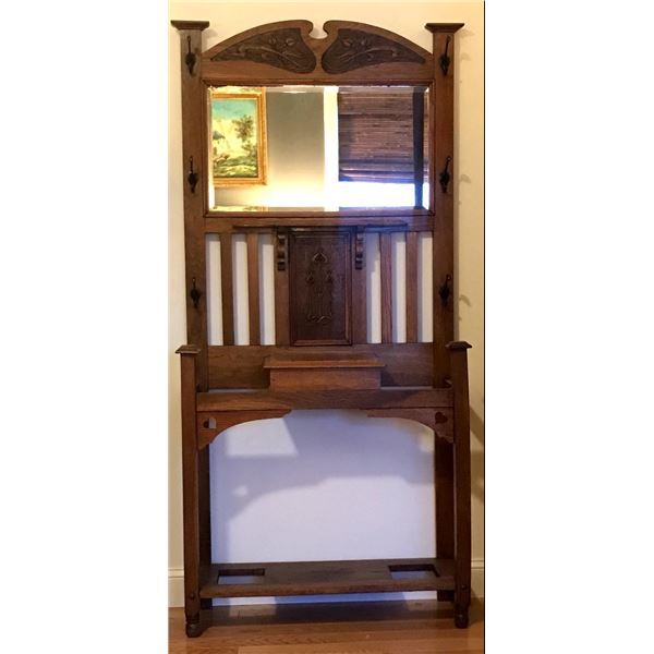 Oak hall tree w/original beveled mirror