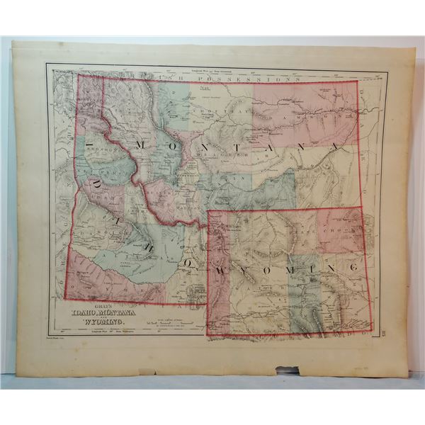 1873 Montana map, 12 x 15”, includes Wyoming & Idaho, 11 counties