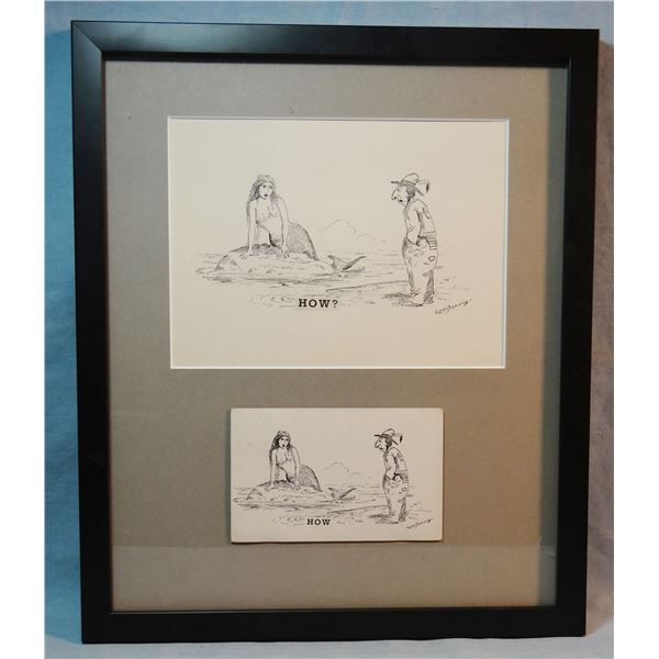 Standing, William (1904-1951) original postcard pen & ink w/ resulting postcard, framed,  How? , 6 ¼