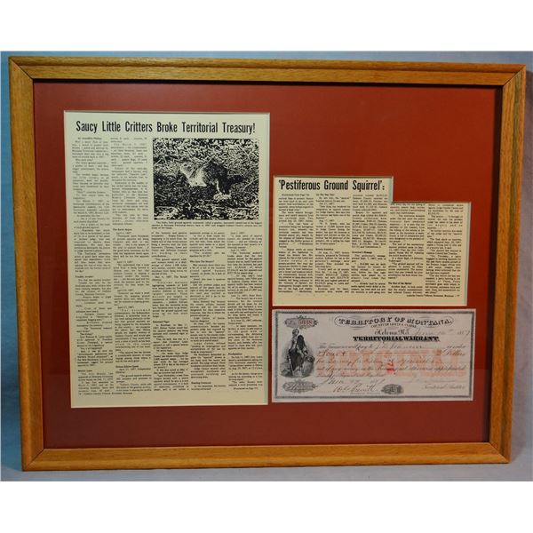 Montana Territorial warrant for killing ground squirrels (gophers), framed