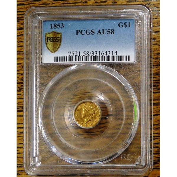 1853 Gold $1 Liberty, PCGS MS 58 Est. $250 - 350