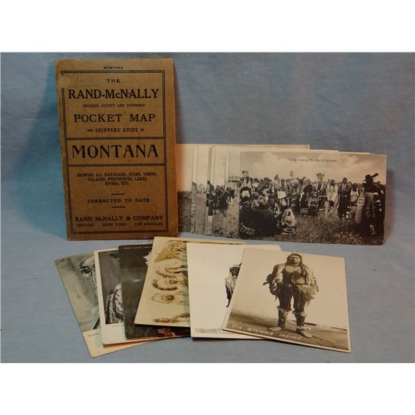 1914 Rand-McNally pocket map of Montana,  15 Indian postcards, (3 are real photo postcards)