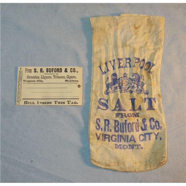 Vintage small salt sack, Liverpool Salt, S. R. Buford & Co., Virginia, City. Mont., tag envelope bil